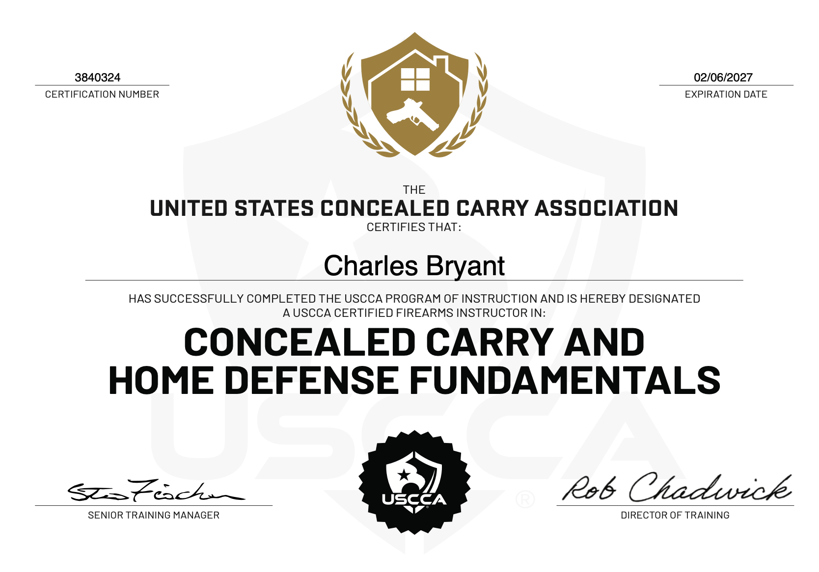 USCCA Certified Firearms Instructor Certificate - Charles Bryant